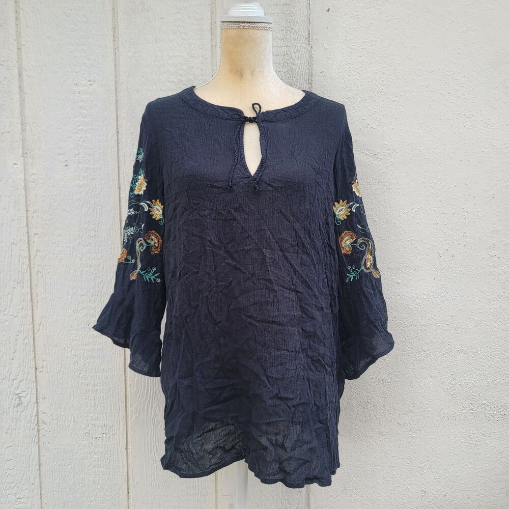 J Jill Women's Top L Black Embroidered Floral Tassel Tie 3/4 Sleeve Blouse Boho